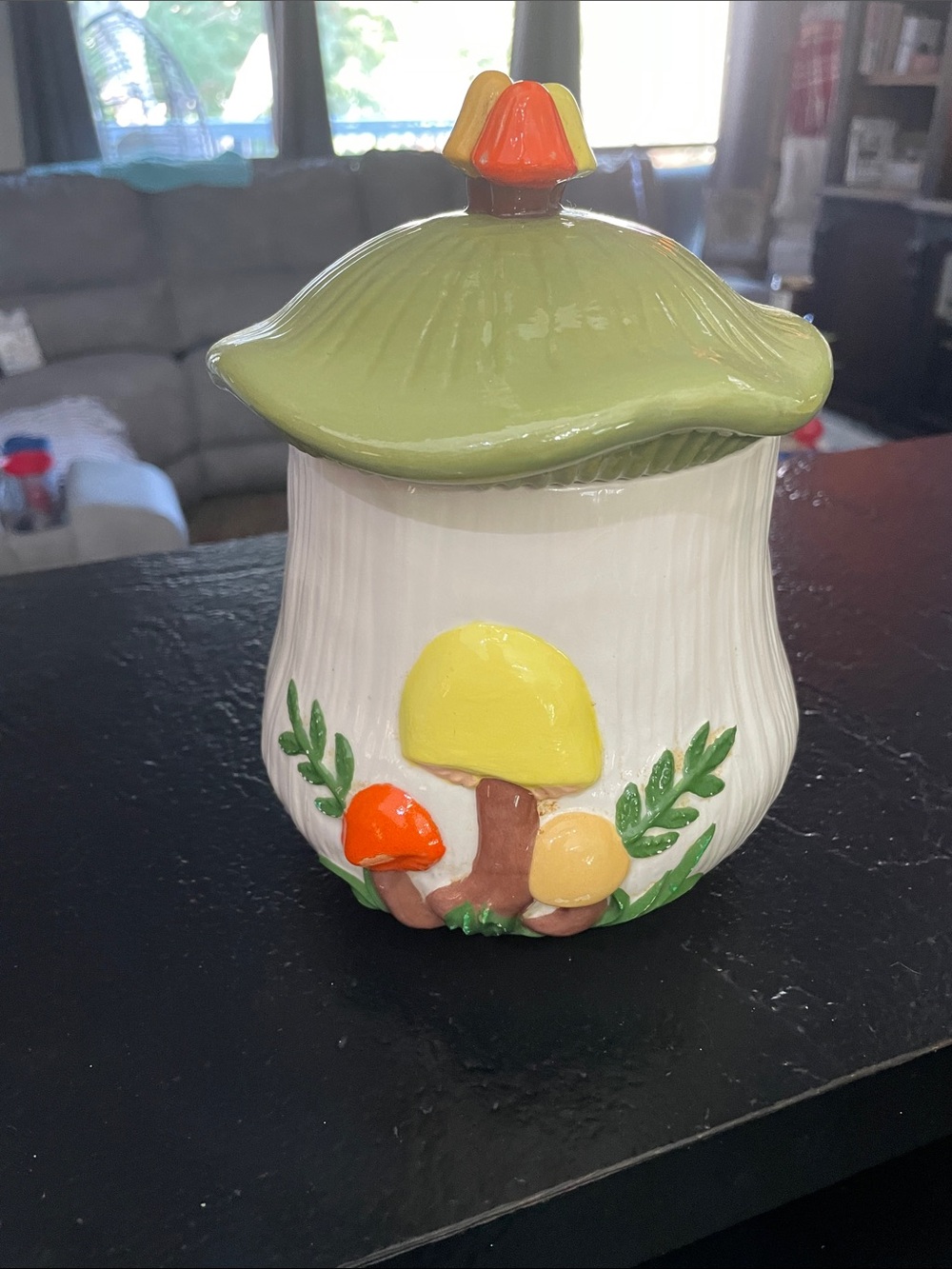 Arnels Ceramic Mushroom Canister with Green Lid and Colorful Mushroom Accents